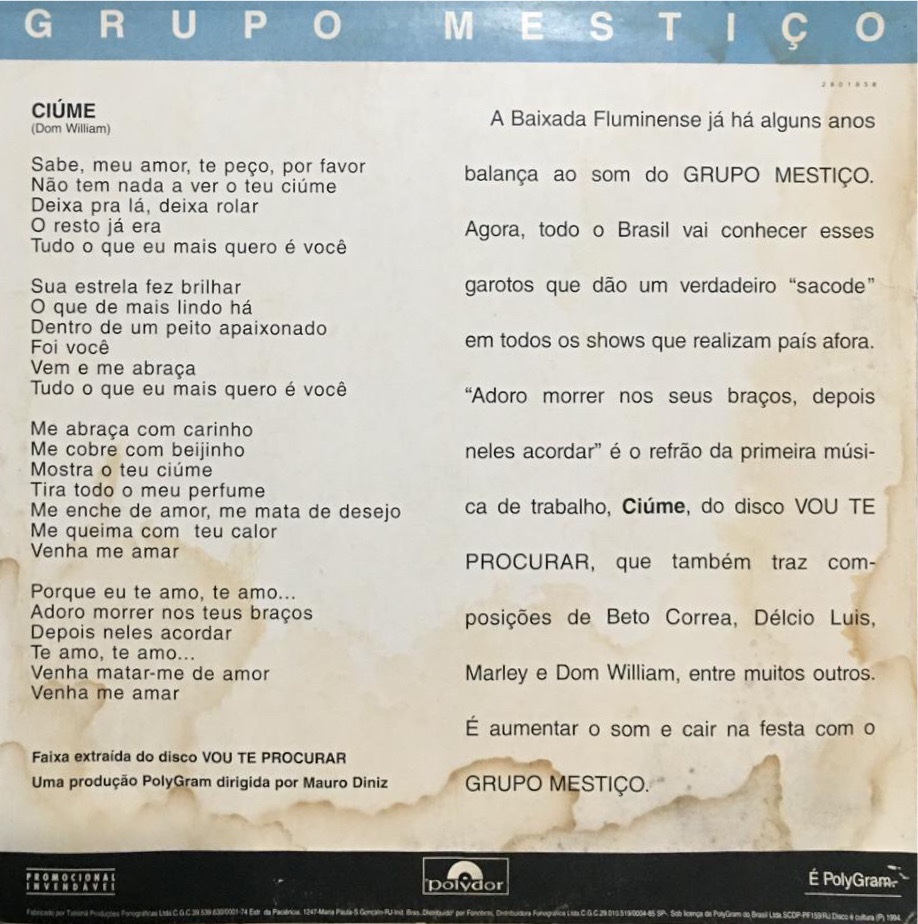 Grupo Mestiço - Ciúmes (single) (1995) - Estilhaços Discos